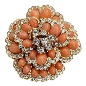 Ciner Oval Coral Glass Cab Clear Rhinestone Brooch Flower Cluster Pin Signed J50